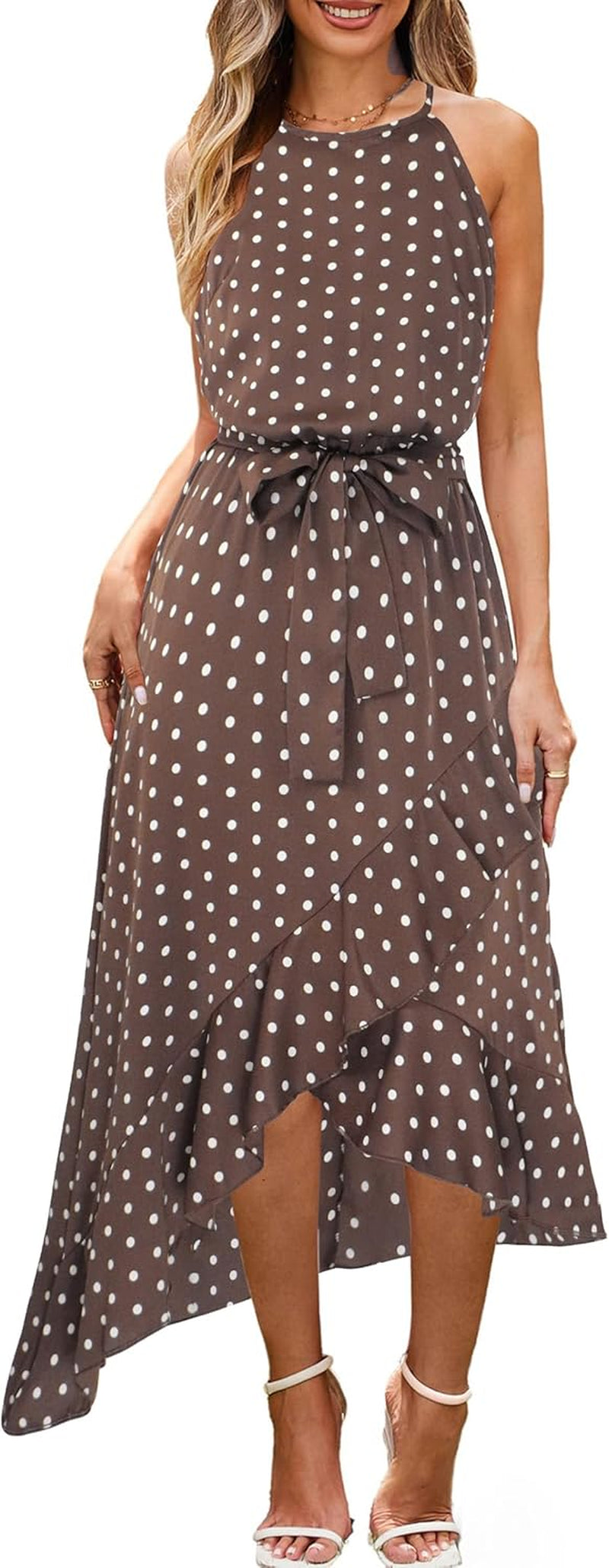 Polka Dot Womens Summer Dress Flowy Cute High Low Sleeveless Boho Criss Cross Halterneck Cocktail Midi Sundress 2025