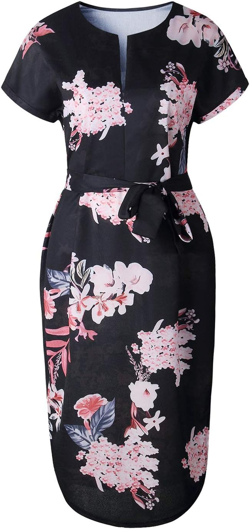 Women'S Dresses Summer Floral Geometric Pattern Short Sleeve Midi V-Neck Casual Dress with Belt S-2XL