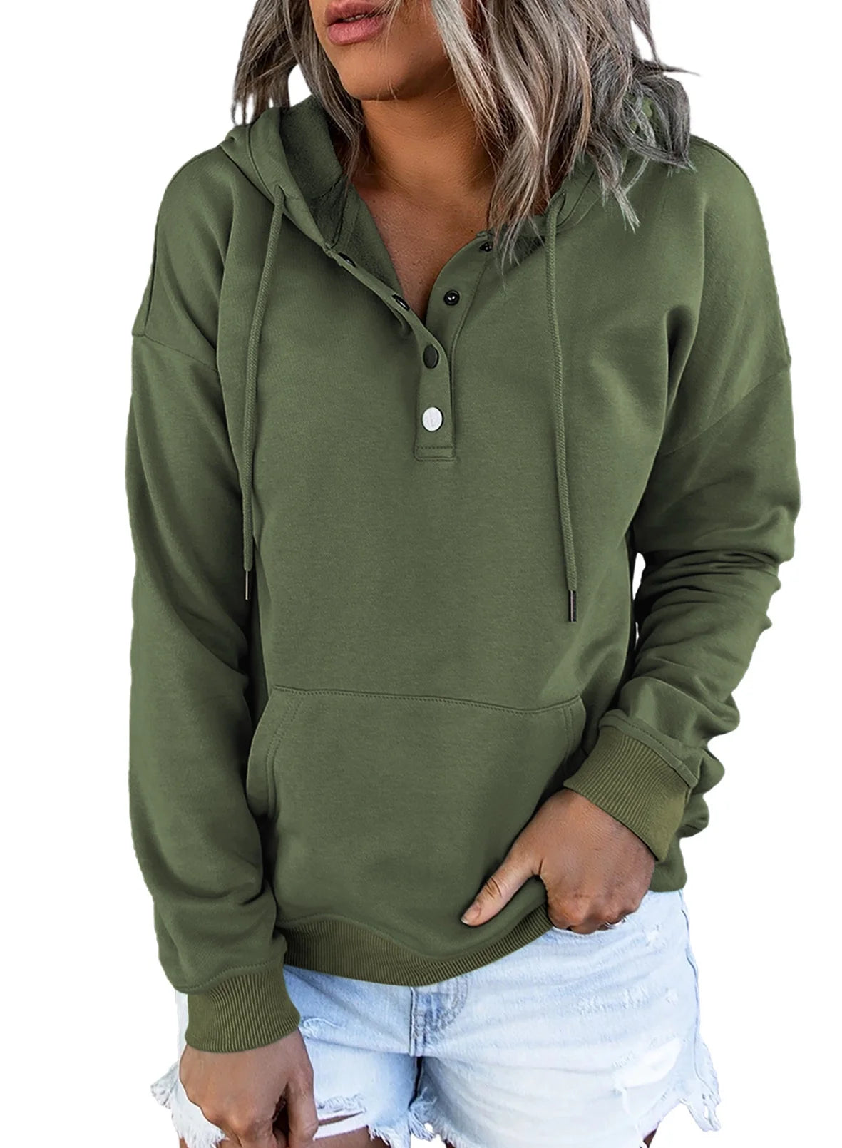 Sweatshirts for Women Long Sleeve Drawstring Lightweight Hooded Sweatshirts Button Closure Tops Green