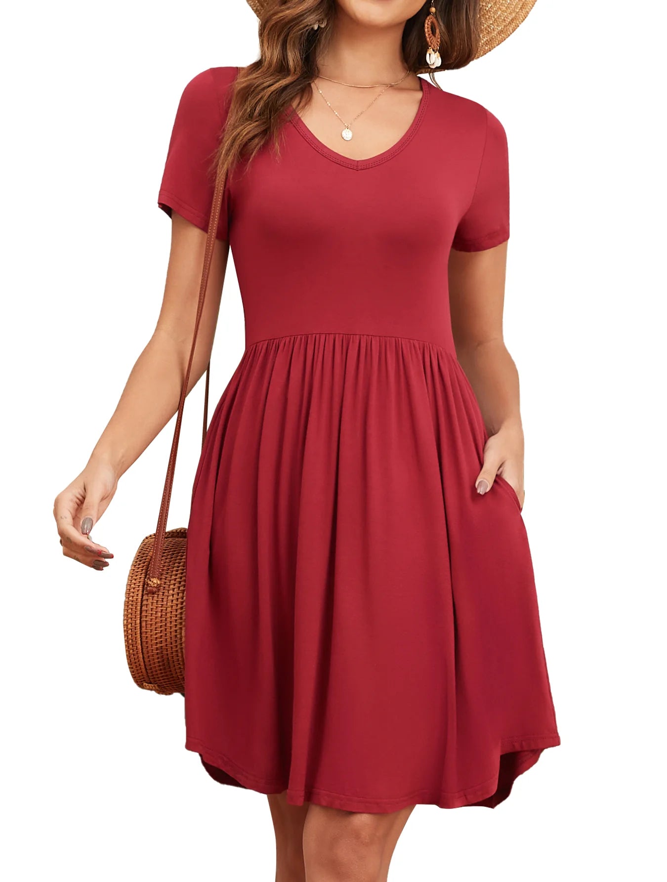 Womens Short Sleeve Dresses Casual Loose Fit Swing T Shirt Dress V Neck Sundress with Pockets