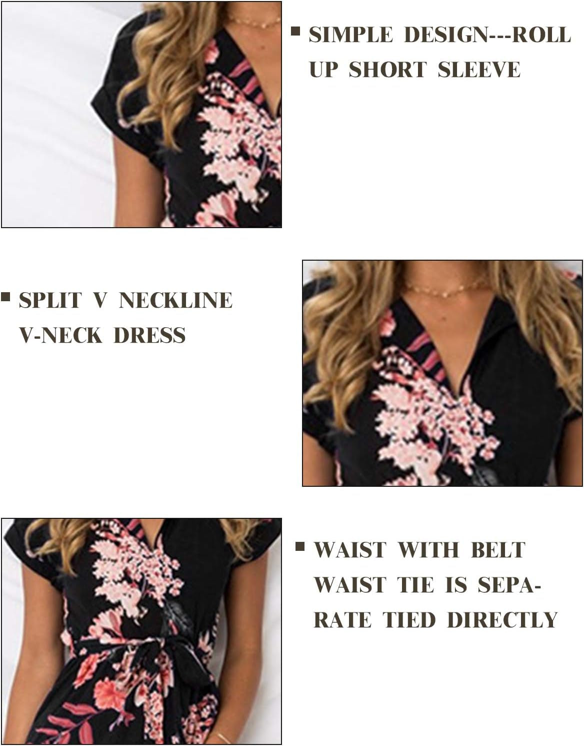 Women'S Dresses Summer Floral Geometric Pattern Short Sleeve Midi V-Neck Casual Dress with Belt S-2XL