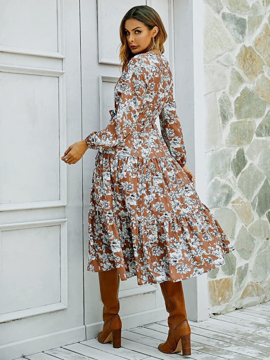 Womens Boho Fall Floral Print Ruffle Wedding Guest Deep Wrap V Neck Long Sleeve Casual Flowy Party Maxi Dress