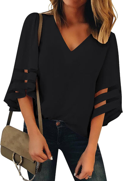 Women'S V Neck Mesh Panel Blouse 3/4 Bell Sleeve Loose Top Shirt