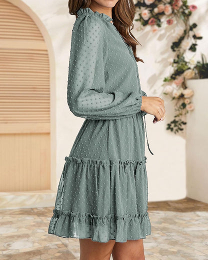 Women Casual Summer Fall Dresses Tie V Neck Long Sleeve High Waist Ruffle Tiered a Line Swing Tunic Mini Dress