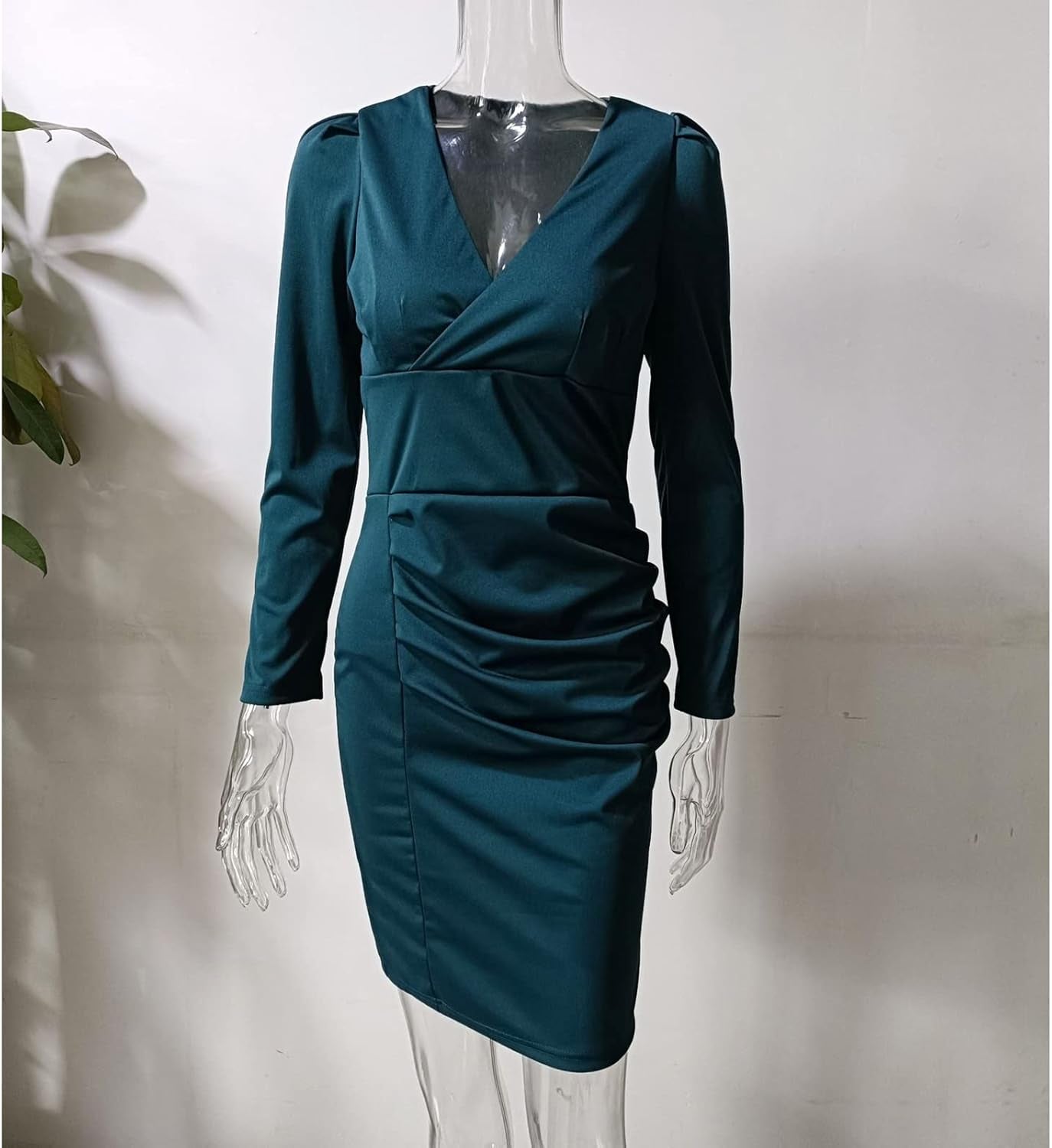 Women’S Long Sleeve Wrap Sheath Work Dress Deep V Neck Elegant Ruched Bodycon Midi Dresses Green S