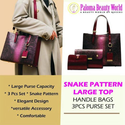 Women Leather Handbag Purse Snake Pattern Shoulder Handbag, Top Zipper Closure Tote Bag (3 PCS Purse Set)