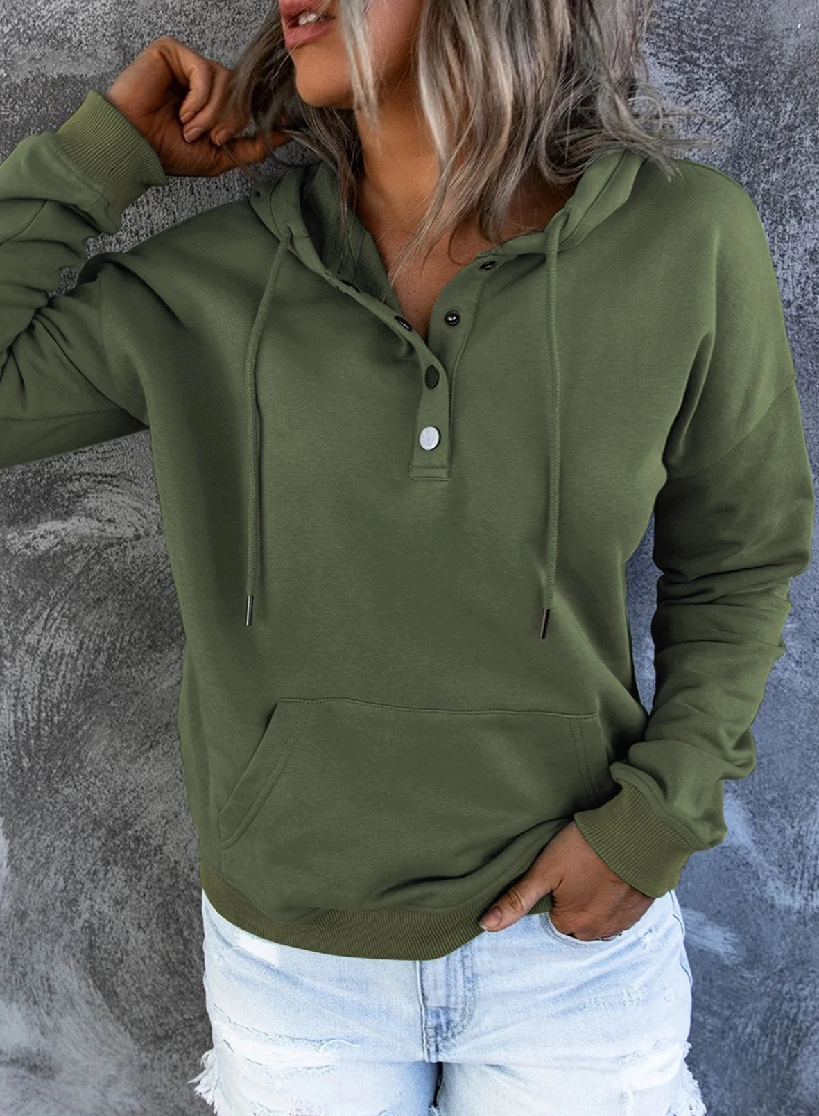 Sweatshirts for Women Long Sleeve Drawstring Lightweight Hooded Sweatshirts Button Closure Tops Green