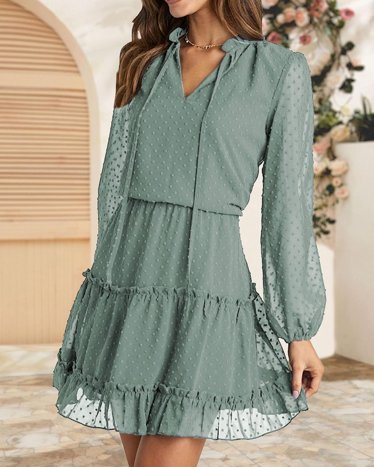 Women Casual Summer Fall Dresses Tie V Neck Long Sleeve High Waist Ruffle Tiered a Line Swing Tunic Mini Dress