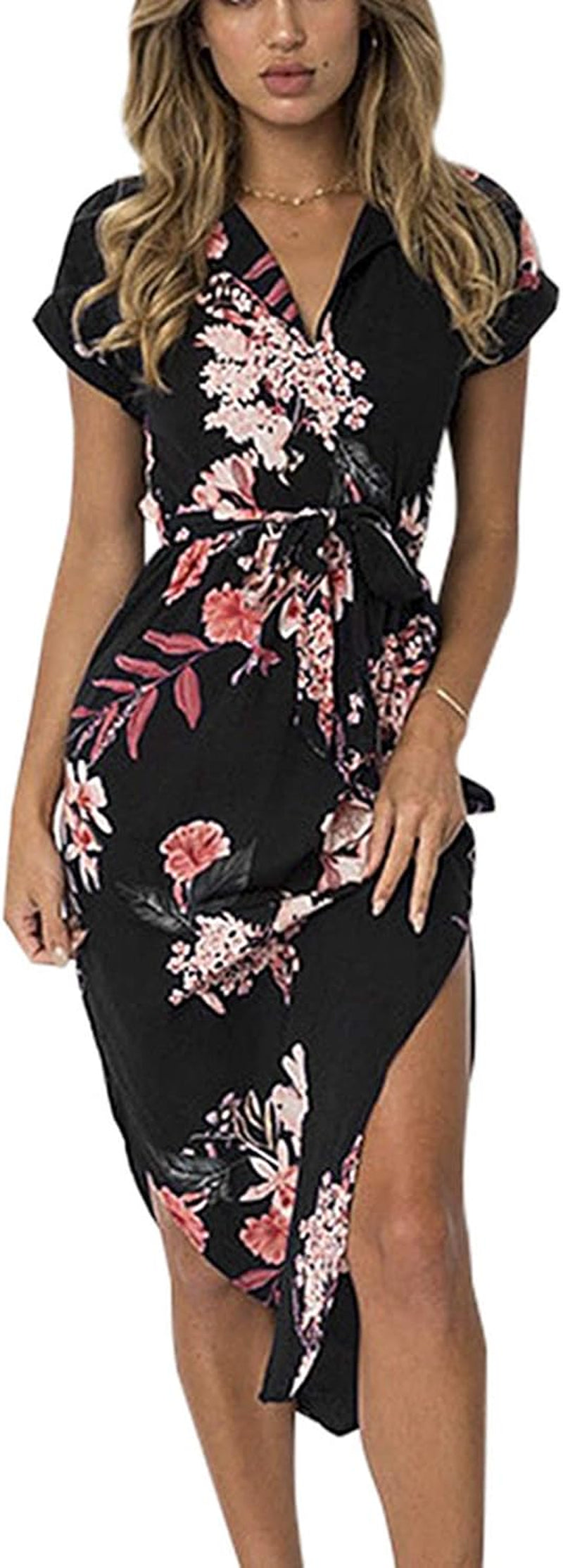 Women'S Dresses Summer Floral Geometric Pattern Short Sleeve Midi V-Neck Casual Dress with Belt S-2XL