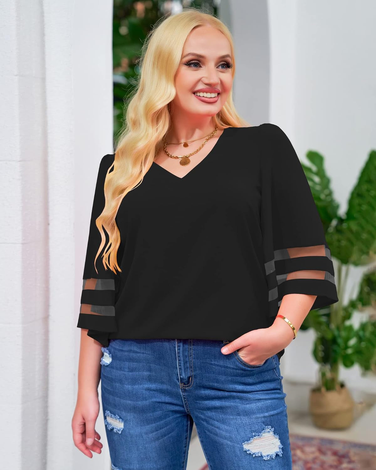 Women'S V Neck Mesh Panel Blouse 3/4 Bell Sleeve Loose Top Shirt