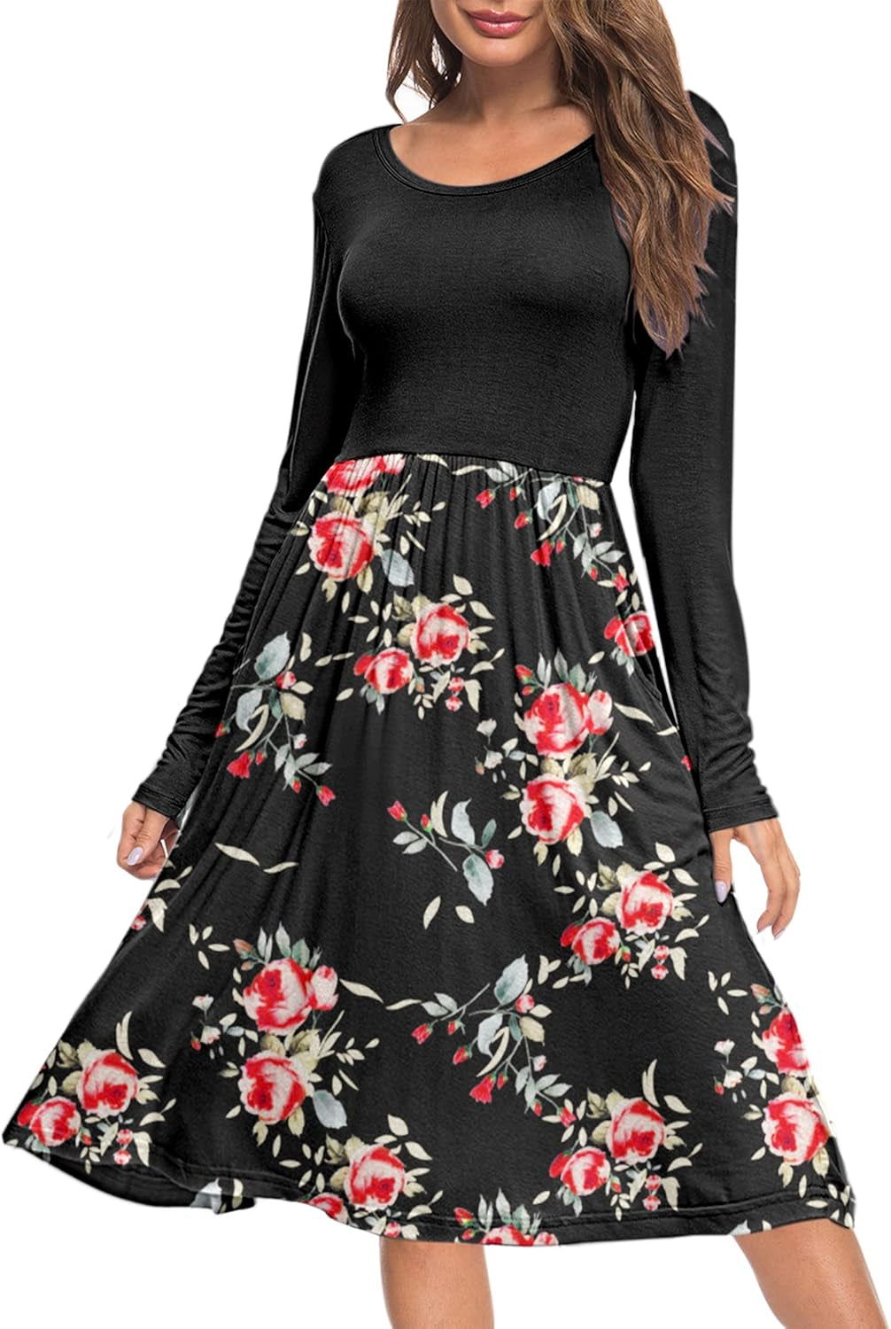 Women Long Sleeve Dresses round Neck Casual Spring Swing Dress with Pockets