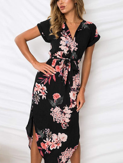 Women'S Dresses Summer Floral Geometric Pattern Short Sleeve Midi V-Neck Casual Dress with Belt S-2XL