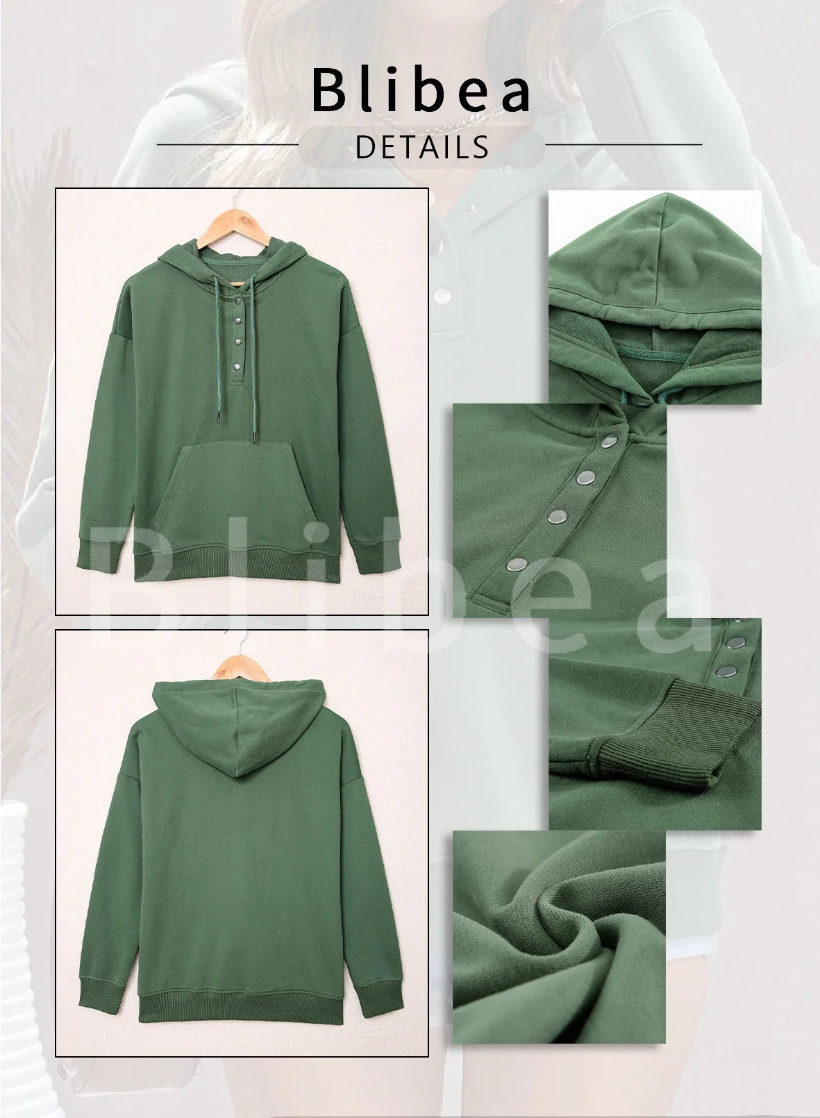 Sweatshirts for Women Long Sleeve Drawstring Lightweight Hooded Sweatshirts Button Closure Tops Green