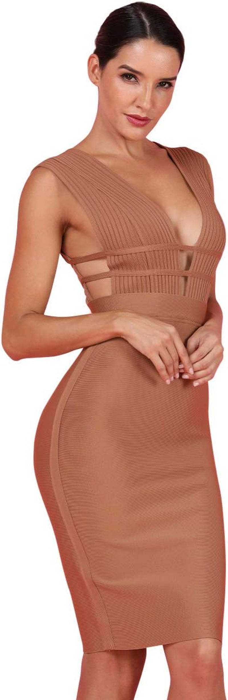 Women'S Sleeveless Deep Plunge V Neck Night Club Party Bandage Dress with Waist Straps