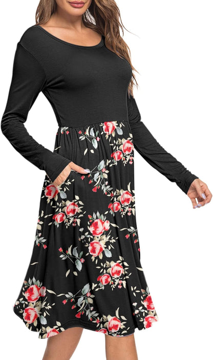 Women Long Sleeve Dresses round Neck Casual Spring Swing Dress with Pockets