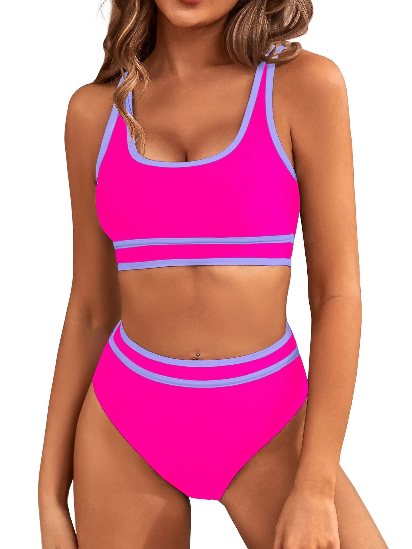 High Waisted Womens Bikini Sets Sporty Two Piece Swimsuits for Women Color Block High Cut Bathing Suits