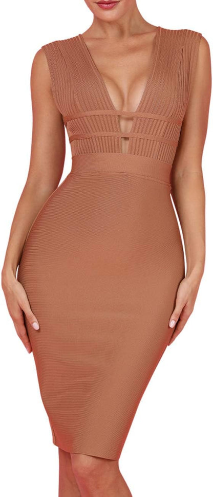 Women'S Sleeveless Deep Plunge V Neck Night Club Party Bandage Dress with Waist Straps