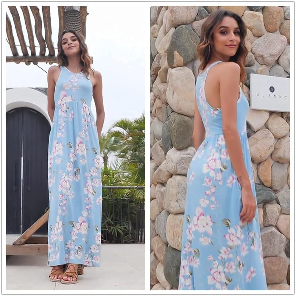 Women Floral Summer Dress Casual Beach Printed Tank with Pockets Pleated Front Long Dresses