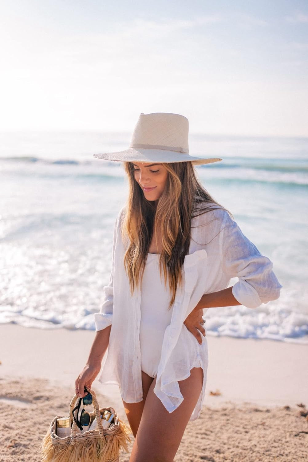 Women’S Bikini Swimsuit Cover up Button down V Neck Shirts Long Sleeve Blouse Beachwear Bathing Suit