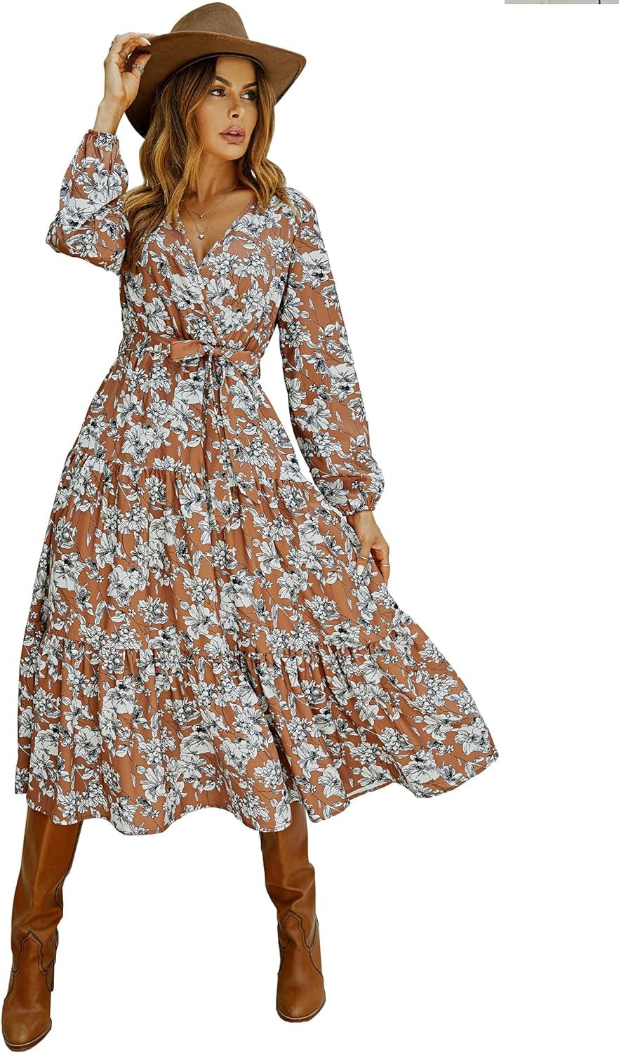 Womens Boho Fall Floral Print Ruffle Wedding Guest Deep Wrap V Neck Long Sleeve Casual Flowy Party Maxi Dress