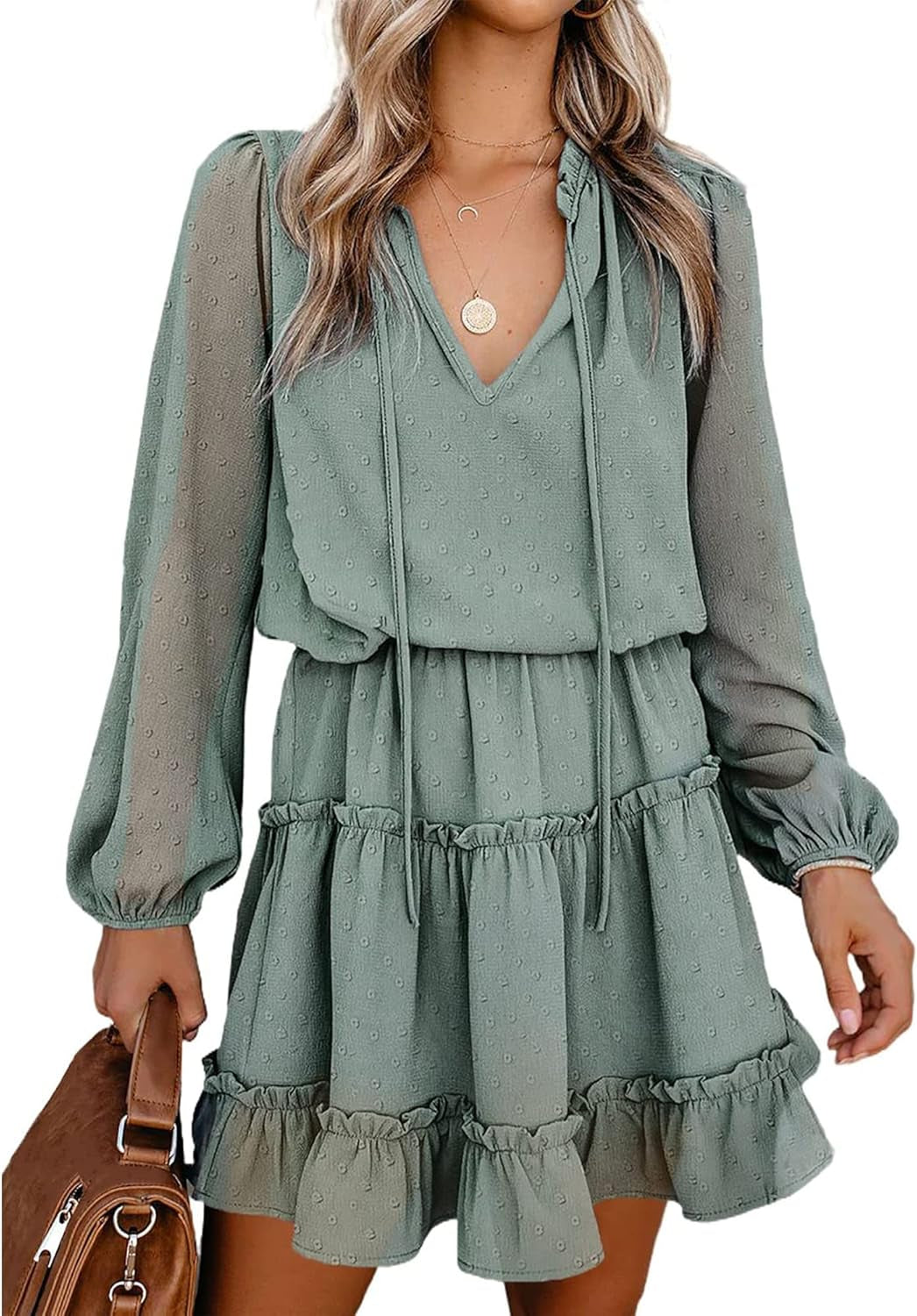 Women Casual Summer Fall Dresses Tie V Neck Long Sleeve High Waist Ruffle Tiered a Line Swing Tunic Mini Dress