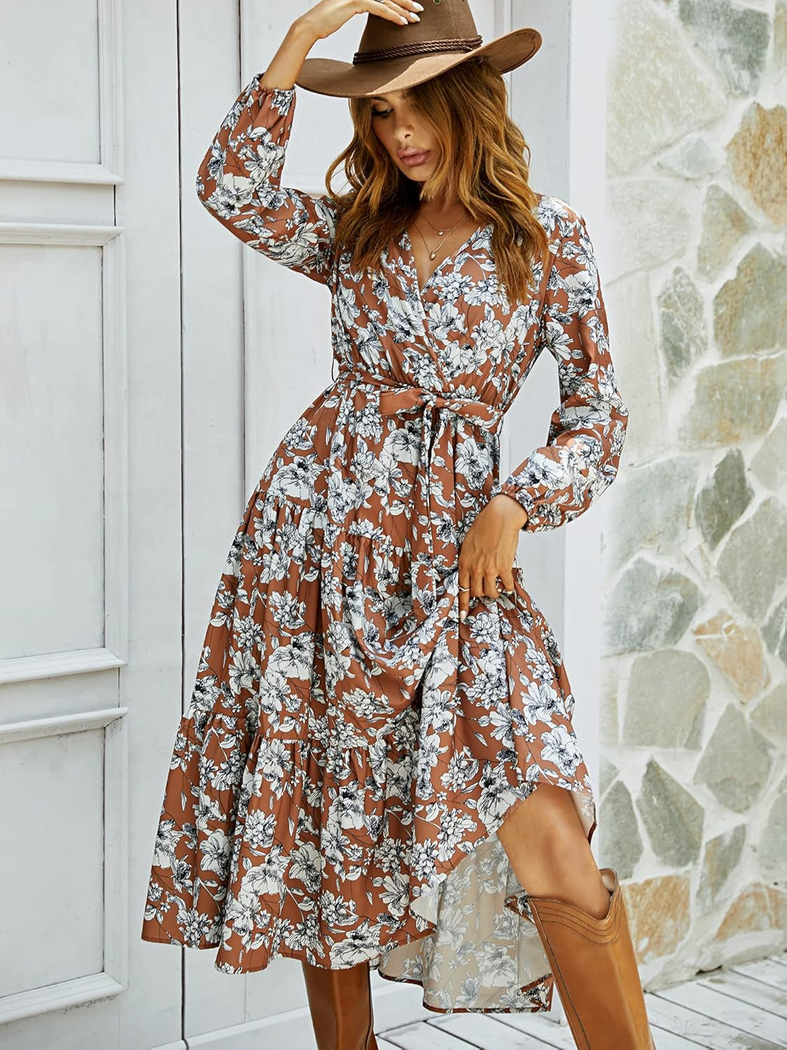 Womens Boho Fall Floral Print Ruffle Wedding Guest Deep Wrap V Neck Long Sleeve Casual Flowy Party Maxi Dress