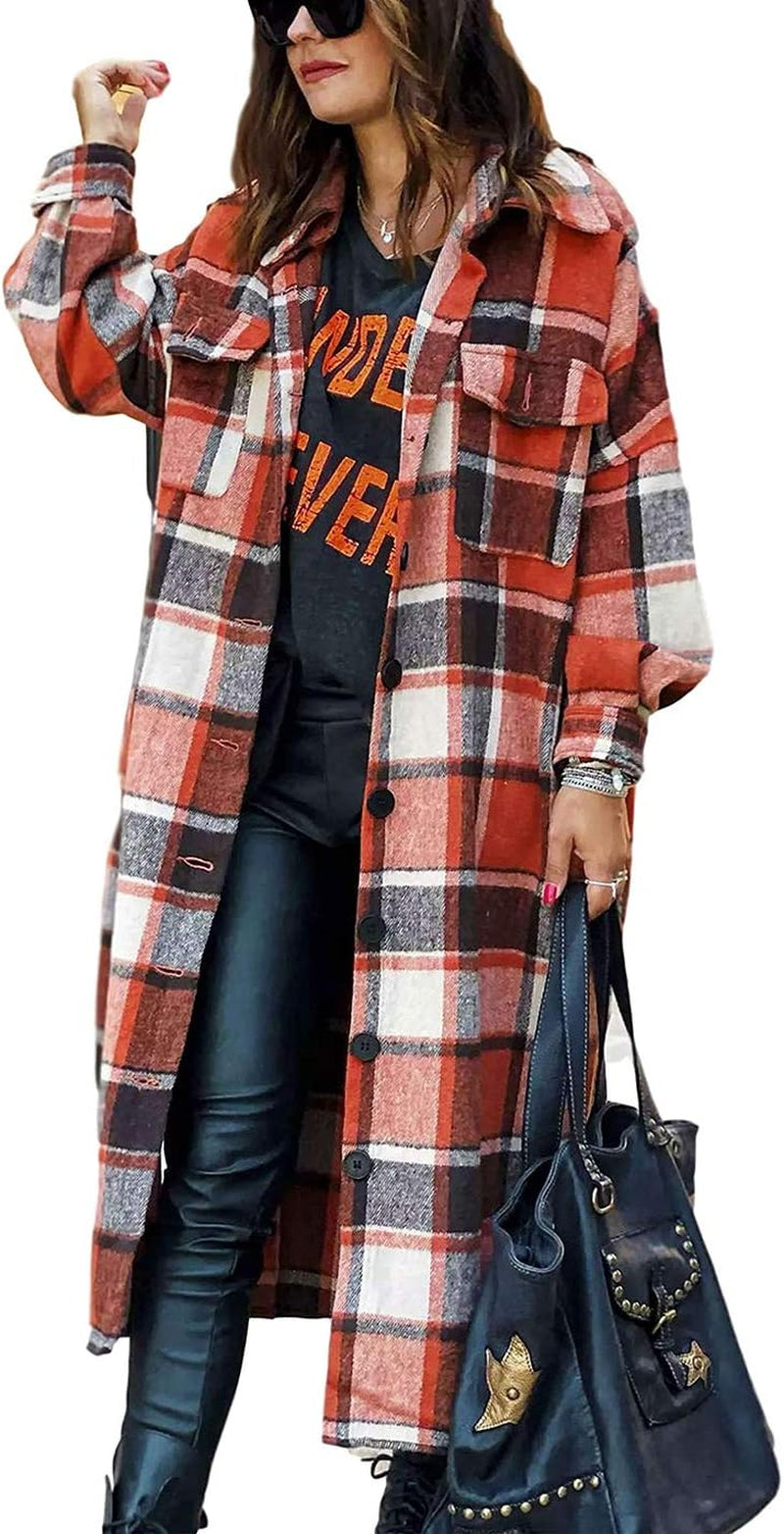 Women'S Flannel Plaid Shacket Fall Oversized Long Button down Shirt Jacket Shackets