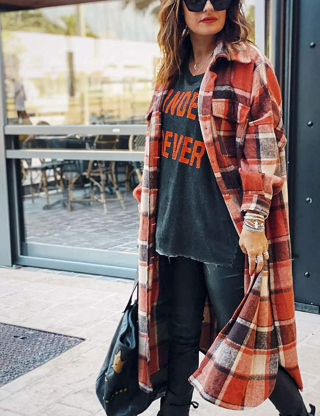 Women'S Flannel Plaid Shacket Fall Oversized Long Button down Shirt Jacket Shackets