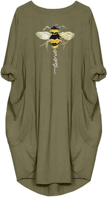 Womens I'M Mostly Peace Love and Light and a Little Go Print Long Sleeve Loose Pocket Oversize Tunic Dress